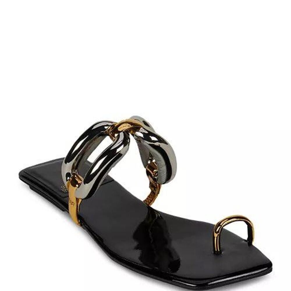 Jeffrey Campbell Black Patent Mixed Metal Chain Link Toe Ring Flat Sandals 6